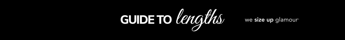 Banner text reading "Guide to Lengths" with Sydney's Closet tagline, "we size up glamour" on black background.