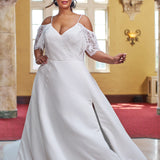 Michelle Bridal 2406. Lace and bridal satin, A-line silhouette,  V-neckline, Spaghetti straps, Optional drop lace sleeves, V-back with invisible zipper covered in 30 buttons. Natural waistline, Aline skirt with slit starting 15 inches below waist, Pockets on each side seam