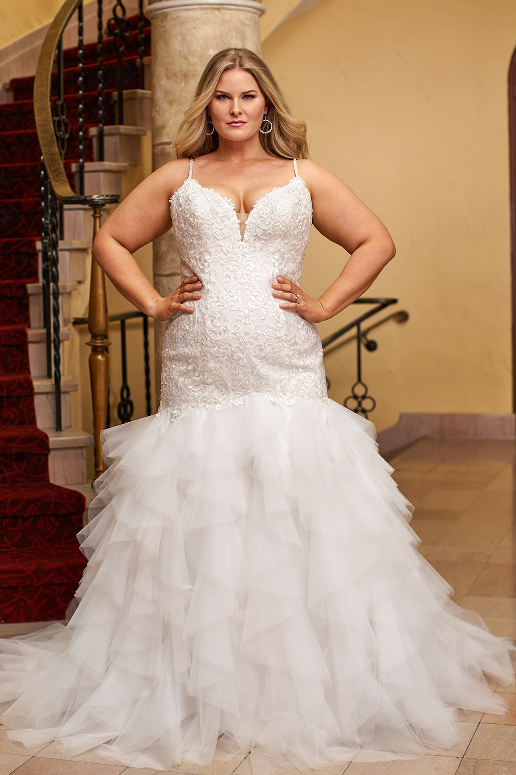 Michelle Bridal MB2411 Ivory. Embroidered lace appliques over soft bridal tulle, sparkle bridal tulle, Embellished with clear sequins, bugle beads, geometric stone, Satin lining, Mermaid silhouette, Boned bodice, Sweetheart neckline, Beaded spaghetti straps, Tiered tulle, Mermaid skirt, Center back zipper