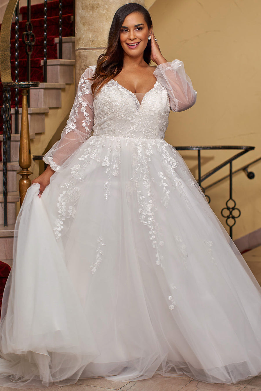 Curvy Plus Size Long Sleeve Lace Wedding Gown Michelle Bridal MB2421