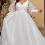 Michelle Bridal MB2429 Ivory. Bridal tulle, bridal tulle, Satin lining, Appliques = Embroidered lace appliques, Guipure Lace trim, Silhouette: A-line, V-neckline, Ivory mesh insert Detachable, Puff Sleeve = long sleeve with cuff, Front bodice is lined, Back bodice has optional lining with snaps, Natural waistline.