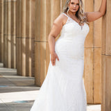 Michelle Bridal by Sydney's Closet Plus Size Fitted BOHO wedding dress with delicate lace and detailed trim style MB2503