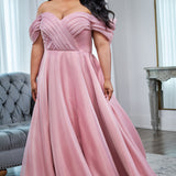 Michelle Bridal MB2506 plus size wedding dress by Sydney's Closet. Off-the-shoulder pleated straps, organza ballgown with slit and long train available in black, ivory or mauve pink