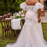 Michelle Bridal Style MB2512 plus size fitted mermaid wedding dress with pleated bodice, modern lace and godet skirt. Detachable puff sleeves and optional bodice lining. 