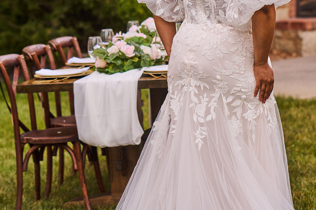 Michelle Bridal Style MB2512 plus size fitted mermaid wedding dress with pleated bodice, modern lace and godet skirt. Detachable puff sleeves and optional bodice lining. 