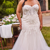 Michelle Bridal Style MB2512 plus size fitted mermaid wedding dress with pleated bodice, modern lace and godet skirt. Detachable puff sleeves and optional bodice lining. 