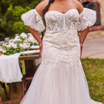 Michelle Bridal Style MB2512 plus size fitted mermaid wedding dress with pleated bodice, modern lace and godet skirt. Detachable puff sleeves and optional bodice lining. 