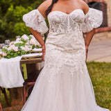 Michelle Bridal Style MB2512 plus size fitted mermaid wedding dress with pleated bodice, modern lace and godet skirt. Detachable puff sleeves and optional bodice lining. 