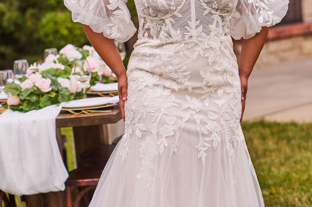 Michelle Bridal Style MB2512 plus size fitted mermaid wedding dress with pleated bodice, modern lace and godet skirt. Detachable puff sleeves and optional bodice lining. 