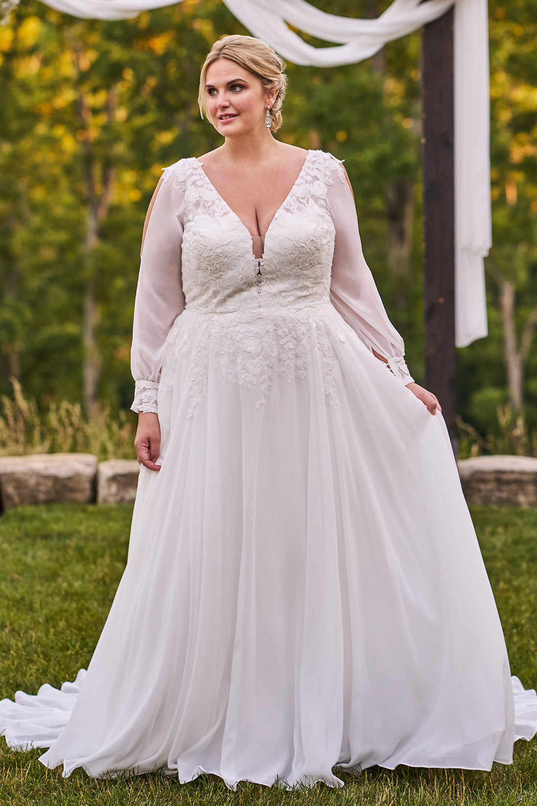 Plus Size Long Sleeve Chiffon Bridal Gown – Michelle Bridal MB2516 – Sydney's Closet