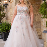 Michelle Bridal MB2614 in Floral. 
Strapless scoop bodice, cat eye detail, pink and blue floral appliques. Natural waistline, A-line skirt, tulle and sparkle tulle layers over lightweight soft pink satin lining. Horse hair hem, scoop back and center back zipper. 