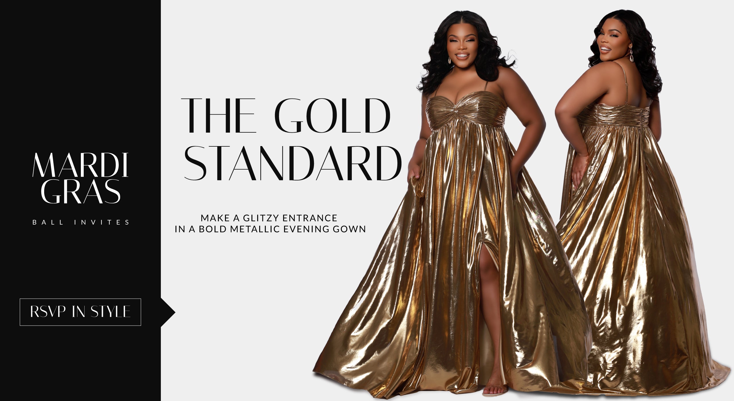 Sydney's Closet SC7414 plus size Mardi Gras pleated empire gown with A-line skirt and slit.  The gold standard to make a glitzy entrance in a bold metallic formal dress.