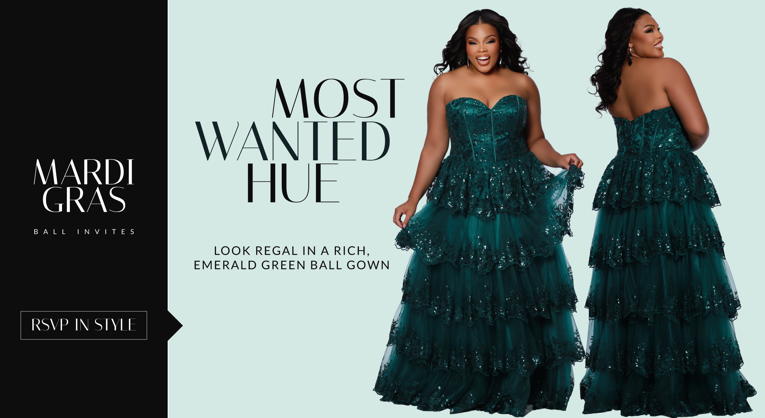 Sydney's Closet SC7398 plus size Mardi Gras tiered ballgown. Look regal in a rich emerald green ball gown.