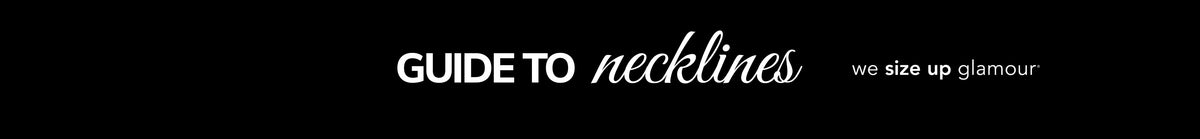 Banner text reading "Guide to Necklines" with Sydney's Closet tagline, "we size up glamour" on black background.