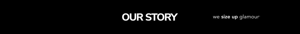 Banner text reading "Our Story" with Sydney's Closet tagline, "we size up glamour" on black background.