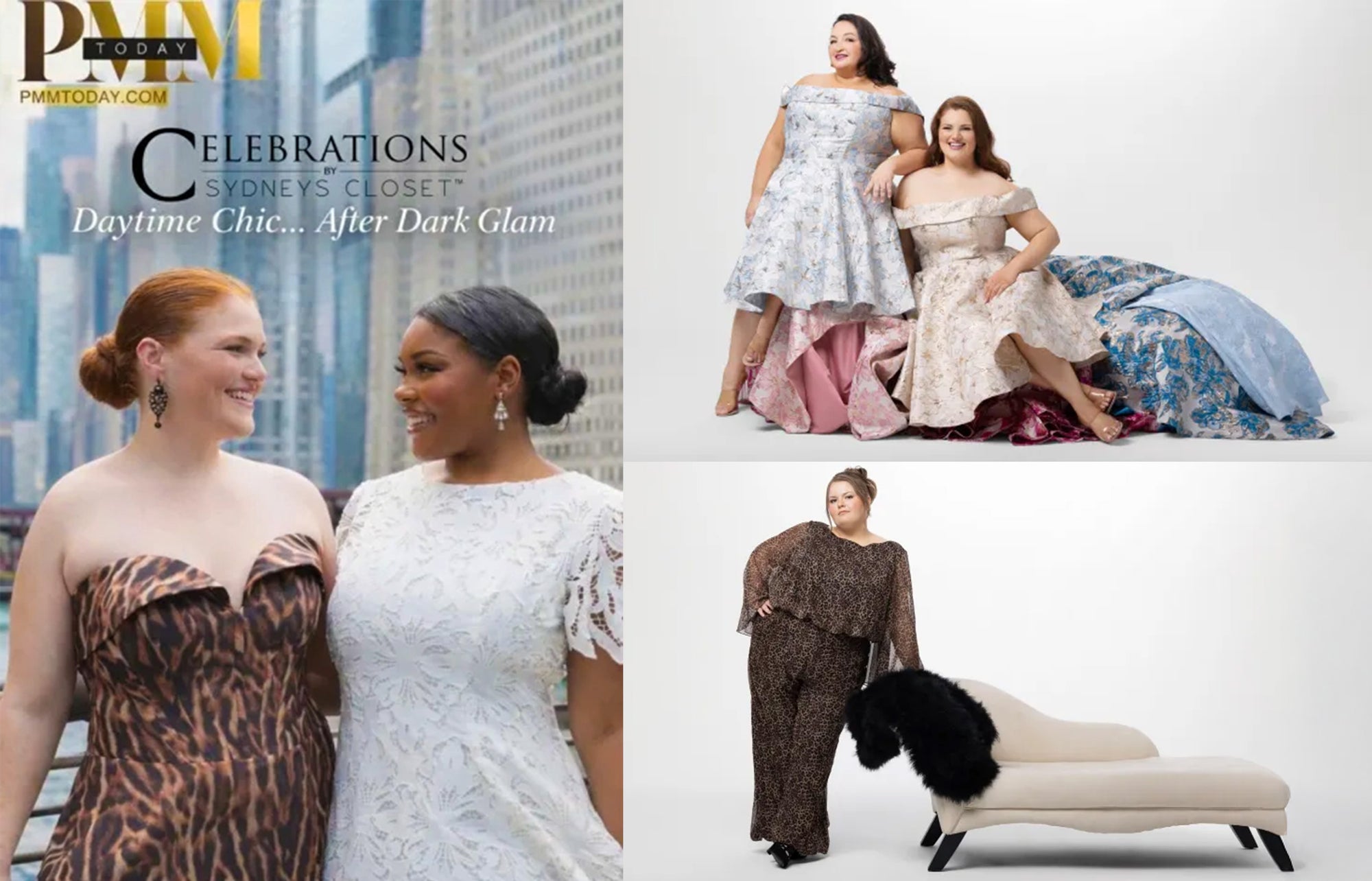 Promotional collage for a fashion magazine featuring women in dresses and a jumpsuit. Some with a cityscape background, others with a white background.