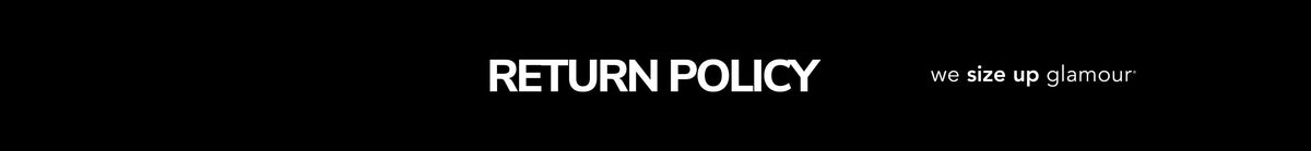 Banner text reading "Return Policy" with Sydney's Closet tagline, "we size up glamour" on black background.