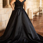 Stunning plus size ivory or black wedding gown SC5257 by Syudney's Closet. Pleated bodice, off-the-shoudler straps, pockets and full A-line skirt with covered buttons down the back. 