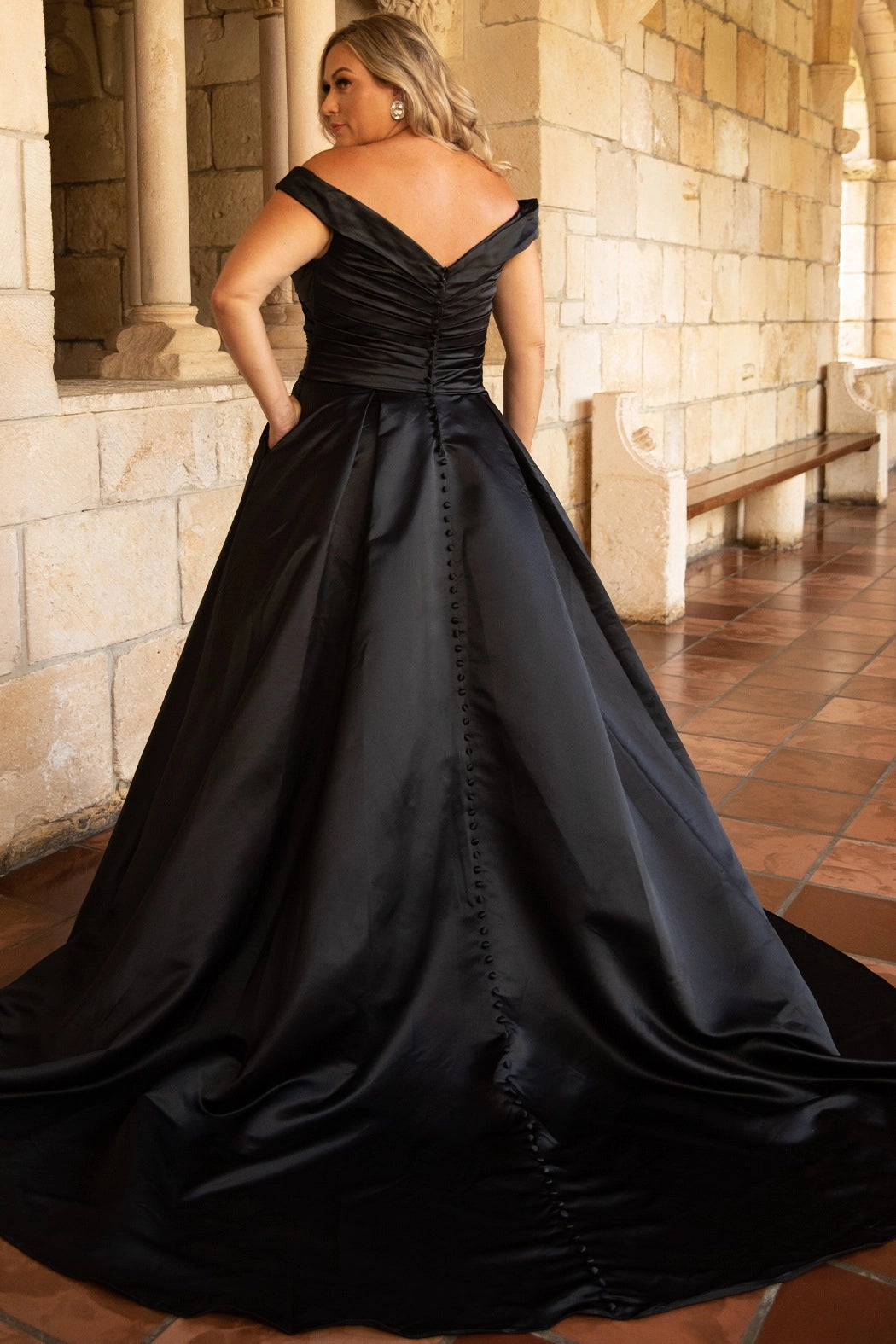 Stunning plus size ivory or black wedding gown SC5257 by Syudney's Closet. Pleated bodice, off-the-shoudler straps, pockets and full A-line skirt with covered buttons down the back. 