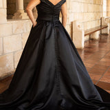 Stunning plus size ivory or black wedding gown SC5257 by Syudney's Closet. Pleated bodice, off-the-shoudler straps, pockets and full A-line skirt with covered buttons down the back. 