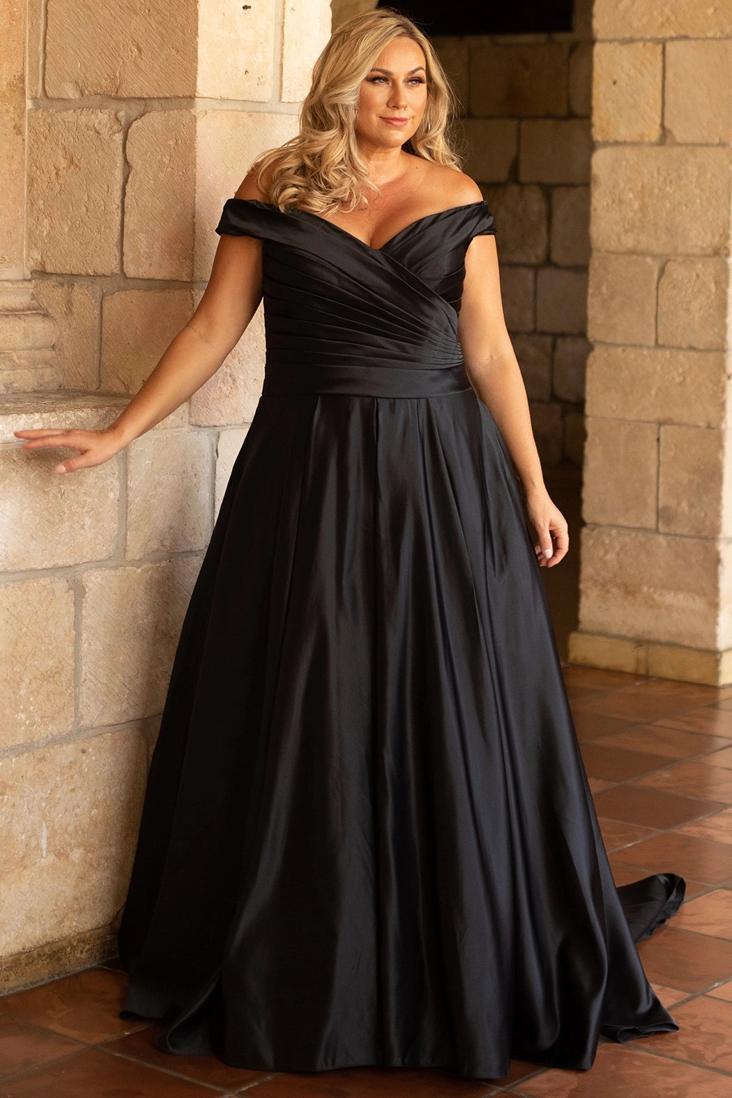 Stunning plus size ivory or black wedding gown SC5257 by Syudney's Closet. Pleated bodice, off-the-shoudler straps, pockets and full A-line skirt with covered buttons down the back. 