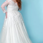 Sydney's Bridal by Sydney's Closet a line bridal gown with vneckline and illusion long sleeves center back zipper available in ivory SC5267