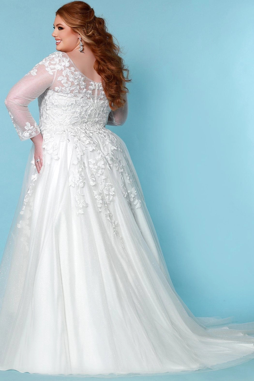 Sydney's Bridal by Sydney's Closet a line bridal gown with vneckline and illusion long sleeves center back zipper available in ivory SC5267