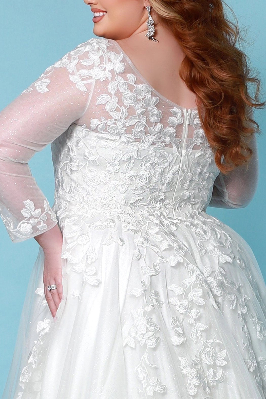 Sydney's Bridal by Sydney's Closet a line bridal gown with vneckline and illusion long sleeves center back zipper available in ivory SC5267
