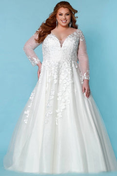 Sydney's Bridal by Sydney's Closet a line bridal gown with vneckline and illusion long sleeves center back zipper available in ivory SC5267