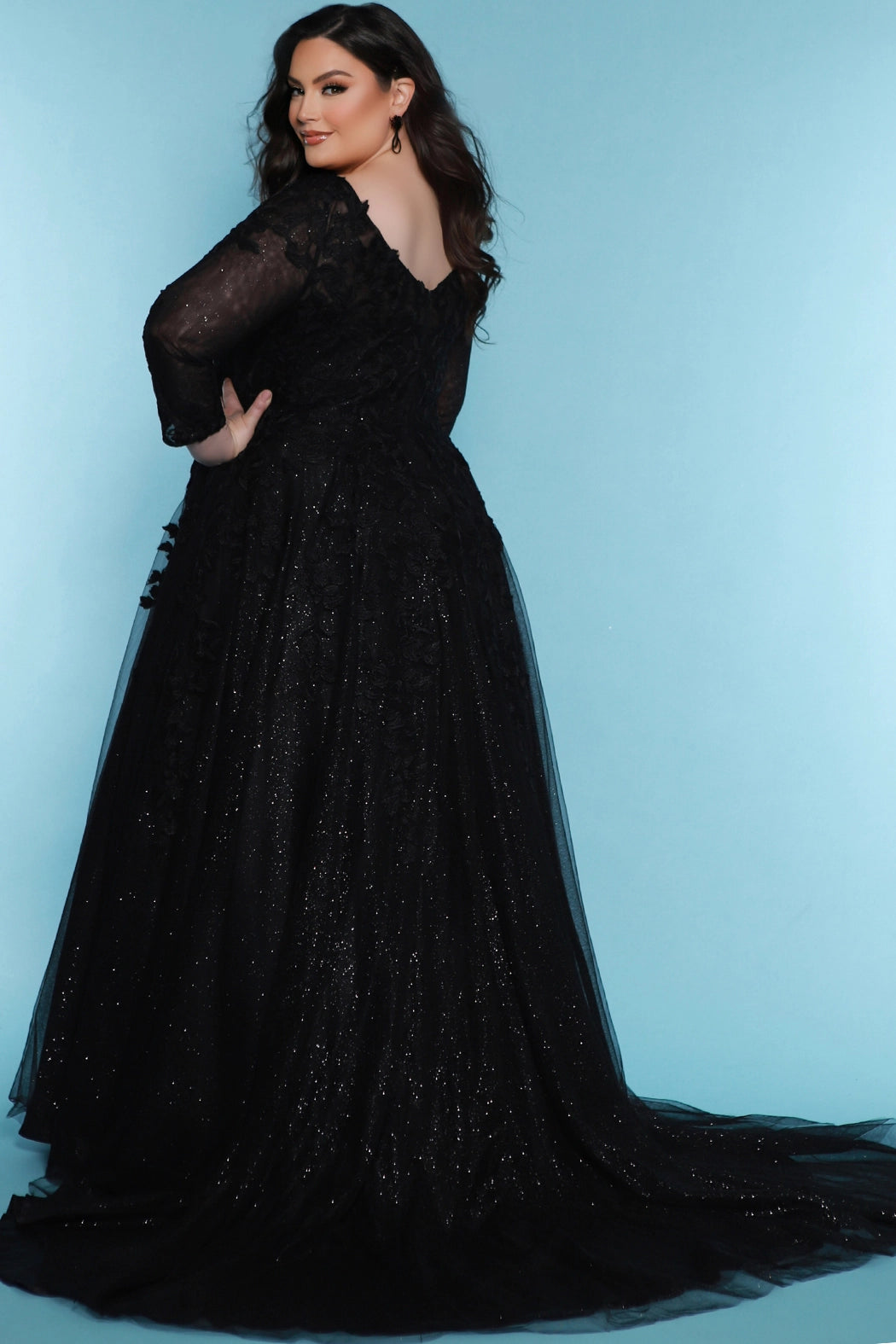 Sydney's Bridal by Sydney's Closet a line bridal gown with vneckline and illusion long sleeves center back zipper available in black SC5267