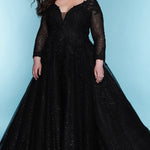 Sydney's Bridal by Sydney's Closet a line bridal gown with vneckline and illusion long sleeves center back zipper available in black SC5267