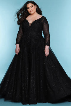 Sydney's Bridal by Sydney's Closet a line bridal gown with vneckline and illusion long sleeves center back zipper available in black SC5267
