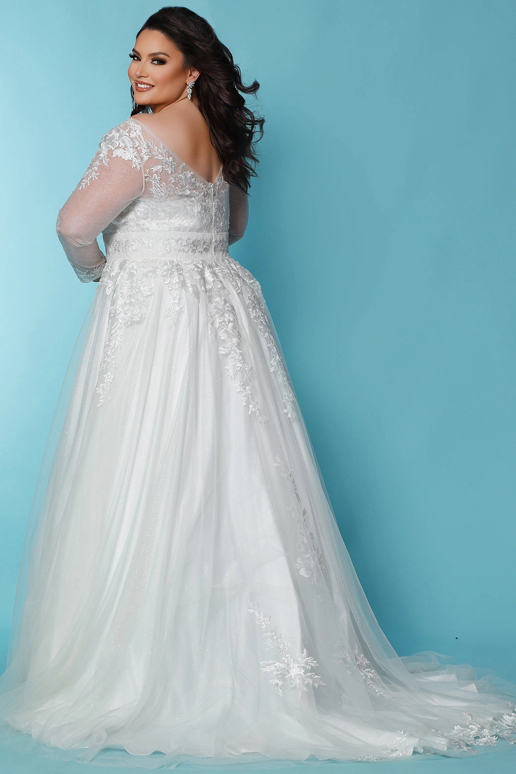 SC5259 Jasmine Wedding Dress by Sydney's Closet, Aline plus size wedding dress with shimmer tulle and straps, zipper back and floral embroidered lace, available in Ivory