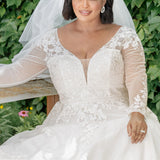 SC5259 Jasmine Wedding Dress by Sydney's Closet, Aline plus size wedding dress with shimmer tulle and straps, zipper back and floral embroidered lace, available in Ivory