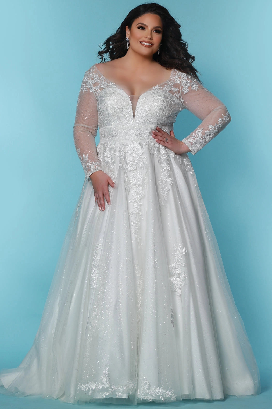 SC5259 Jasmine Wedding Dress by Sydney's Closet, Aline plus size wedding dress with shimmer tulle and straps, zipper back and floral embroidered lace, available in Ivory