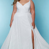 Sydney's Closet Bridal SC5305 Ivory. Stretch sequin shell with satin,  A-line silhouette, V-neckline, Surplice bodice, Straps: = ½ inch spaghetti straps, Center back drop measures 11 inches from nap of neck to top of zipper, Pockets in side seams of A-line skirt, Slit starts at 17 inches down from natural waistline, Finished hemline with 2-inch horsehair border, Train measures 60 inches from back center of waist to hemline