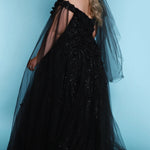 Sydney's Closet SC5315 Black. Detachable tulle scarves, Detachable spaghetti straps, Ball gown silhouette, Off-the-shoulder strap with elastic band, Detachable tulle scarves, Sweetheart neckline, Full ball gown skirt, Long invisible center back zipper, Chiffon 3D flowers on glitter net over sparkle tulle.