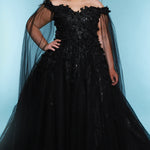 Sydney's Closet SC5315 Black. Detachable tulle scarves, Detachable spaghetti straps, Ball gown silhouette, Off-the-shoulder strap with elastic band, Detachable tulle scarves, Sweetheart neckline, Full ball gown skirt, Long invisible center back zipper, Chiffon 3D flowers on glitter net over sparkle tulle.