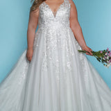 Sydney's Closet SC5318 Ivory.  Aline plus size wedding dress with shimmer tulle and straps, zipper back and floral embroidered lace, available in Ivory