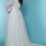 Sydney's Closet SC5320 ivory. Bridal chiffon, Satin lining, Silhouette: A-line, Neckline: V-neckline, Lightly pleated bodice, Bra-friendly straps, Long sleeves with cuff, Fully lined, Natural waistline, V-back, Long invisible center back zipper.