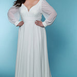 Sydney's Closet SC5320 ivory. Bridal chiffon, Satin lining, Silhouette: A-line, Neckline: V-neckline, Lightly pleated bodice, Bra-friendly straps, Long sleeves with cuff, Fully lined, Natural waistline, V-back, Long invisible center back zipper.