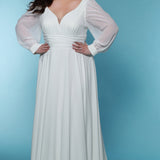 Sydney's Closet SC5320 ivory. Bridal chiffon, Satin lining, Silhouette: A-line, Neckline: V-neckline, Lightly pleated bodice, Bra-friendly straps, Long sleeves with cuff, Fully lined, Natural waistline, V-back, Long invisible center back zipper.