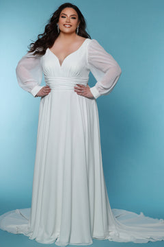 Sydney's Closet SC5320 ivory. Bridal chiffon, Satin lining, Silhouette: A-line, Neckline: V-neckline, Lightly pleated bodice, Bra-friendly straps, Long sleeves with cuff, Fully lined, Natural waistline, V-back, Long invisible center back zipper.