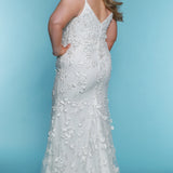 Sydney's Closet SC5330 Ivory. Slim, fitted silhouette, Embroidered 3D floral appliques with clear sequins, cut glass, clear bugle beads, Spaghetti straps covered in lace and beading, V-neckline, V-back, Long invisible center back zipper, Natural waistline, Slim skirt.