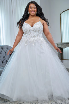 Sydney's Closet plus size wedding dress with lace up back and modesty panel.  V-neckline embelished with 3D floral appliques and silver stones.  Full A-line skirt and long train. Style SC5345