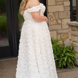 Plus size formal event dress or unique edgy wedding dress. 3D floral fabric. Scoop neckline with cat-eye detail, detachable drape sleeves, A-line skirt with pockets and train.  Sydney's Closet style SC7397 for formal gown or SC5354 for bridal gown is available in black or ivory. 