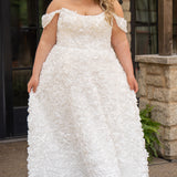 Plus size formal event dress or unique edgy wedding dress. 3D floral fabric. Scoop neckline with cat-eye detail, detachable drape sleeves, A-line skirt with pockets and train.  Sydney's Closet style SC7397 for formal gown or SC5354 for bridal gown is available in black or ivory. 