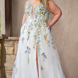 Sydney's Closet SC5371 plus size wedding dress.  Multi-colored floral lace on ivory tulle. Sexy plunging V-neckline with exposed corset boning.  Basque waistline on A-line skirt with slit and long train with lace details. Perfect for the unique, trendy bride.