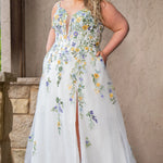 Sydney's Closet SC5371 plus size wedding dress.  Multi-colored floral lace on ivory tulle. Sexy plunging V-neckline with exposed corset boning.  Basque waistline on A-line skirt with slit and long train with lace details. Perfect for the unique, trendy bride.