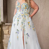 Sydney's Closet SC5371 plus size wedding dress.  Multi-colored floral lace on ivory tulle. Sexy plunging V-neckline with exposed corset boning.  Basque waistline on A-line skirt with slit and long train with lace details. Perfect for the unique, trendy bride.